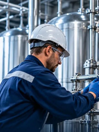 Techniker mit Schutzhelm arbeitet an Rohrleitungen einer Edelstahlanlage