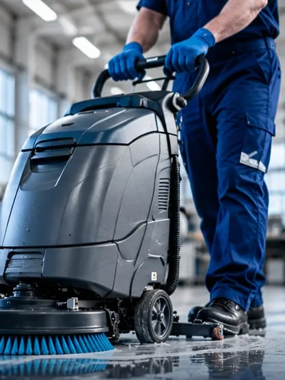 Reinigungskraft mit Scheuersaugmaschine in einer Werkhalle