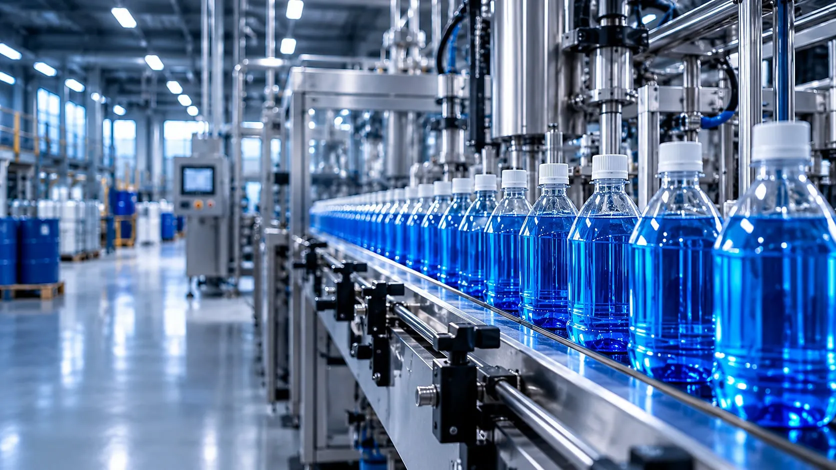 Abfülllinie mit blau gefüllten Flaschen in einer Produktionshalle