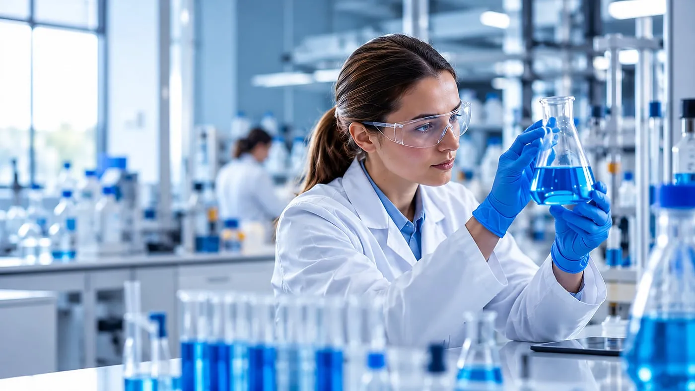 Laborantin mit Schutzbrille prüft eine blaue Probe im Erlenmeyerkolben