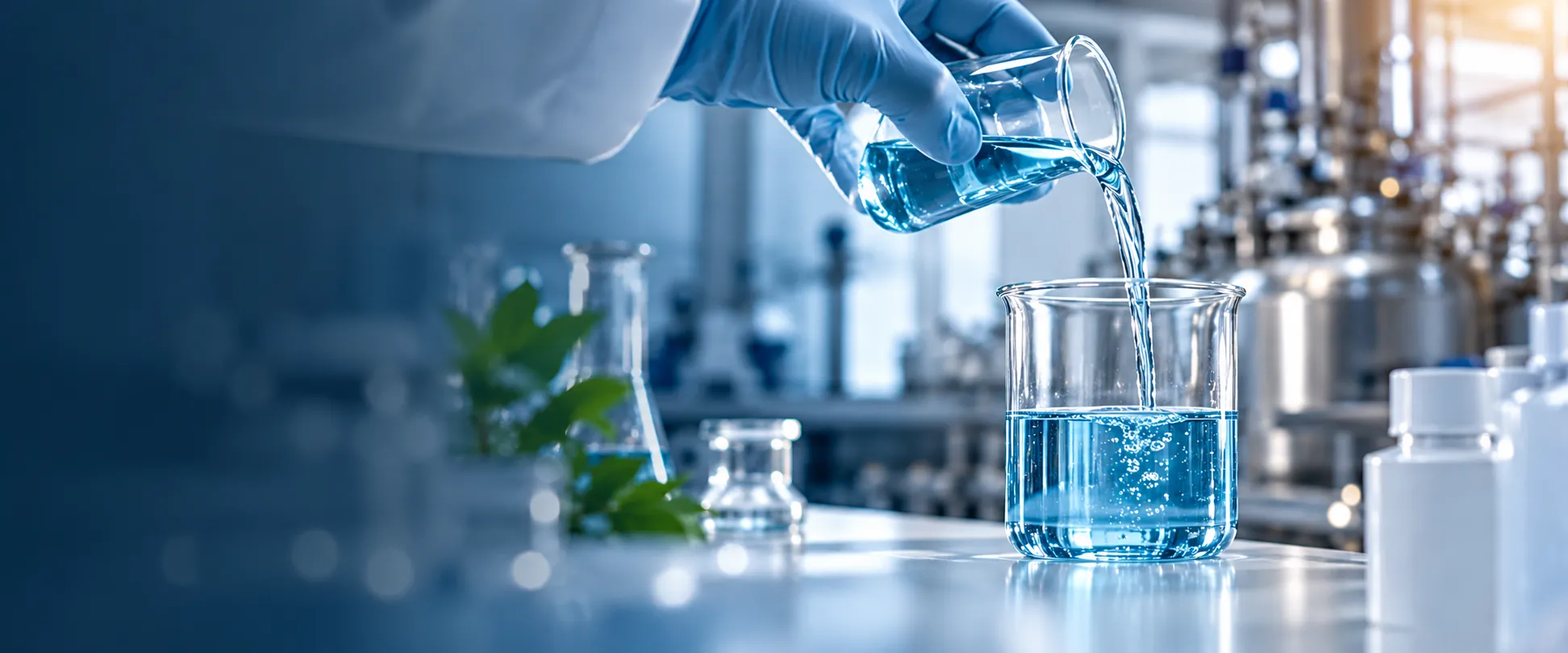 Hand im blauen Schutzhandschuh gießt eine blaue Flüssigkeit in ein Becherglas, im Hintergrund eine Produktionsanlage