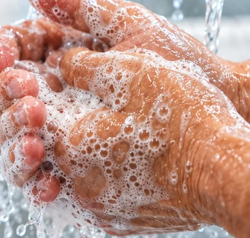 Hände werden mit schäumendem Handreiniger unter fließendem Wasser gewaschen