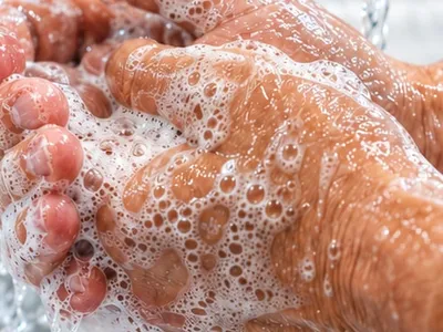 Hände werden mit schäumendem Handreiniger unter fließendem Wasser gewaschen