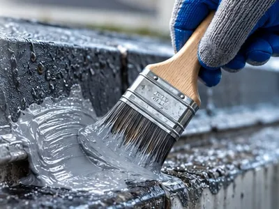 Hydro-Tack-Fluid wird mit einem Pinsel auf eine nasse Dachkante aufgetragen