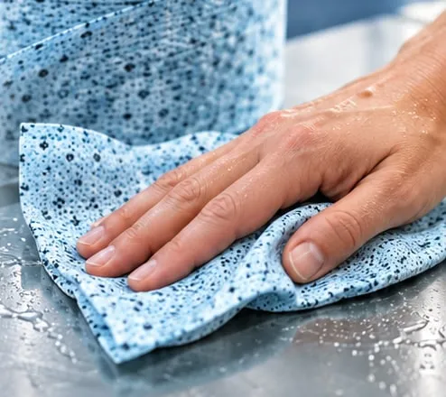 Hand wischt mit einem blauen Reinigungstuch über eine Edelstahlfläche, dahinter die Tuchrolle