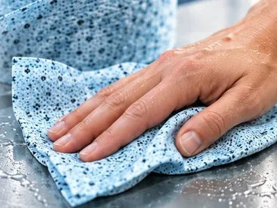 Hand wischt mit einem blauen Reinigungstuch über eine Edelstahlfläche, dahinter die Tuchrolle